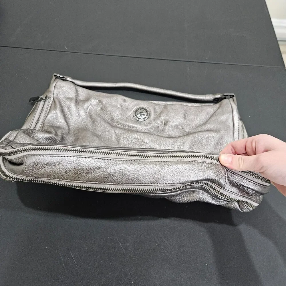 Tory Burch Metallic Gray Pebbled Leather Hobo Shoulder Bag Messenger Everyday